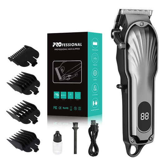 Cordless hair clipper, black with silver blade and LED display, rechargeable.