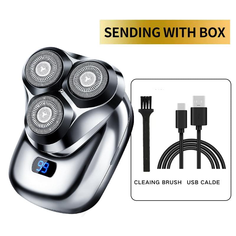 Gray rotary electric shaver with three circular heads and blue LED display