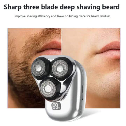 Gray rechargeable rotary shaver with three circular heads and percent LED indicator
