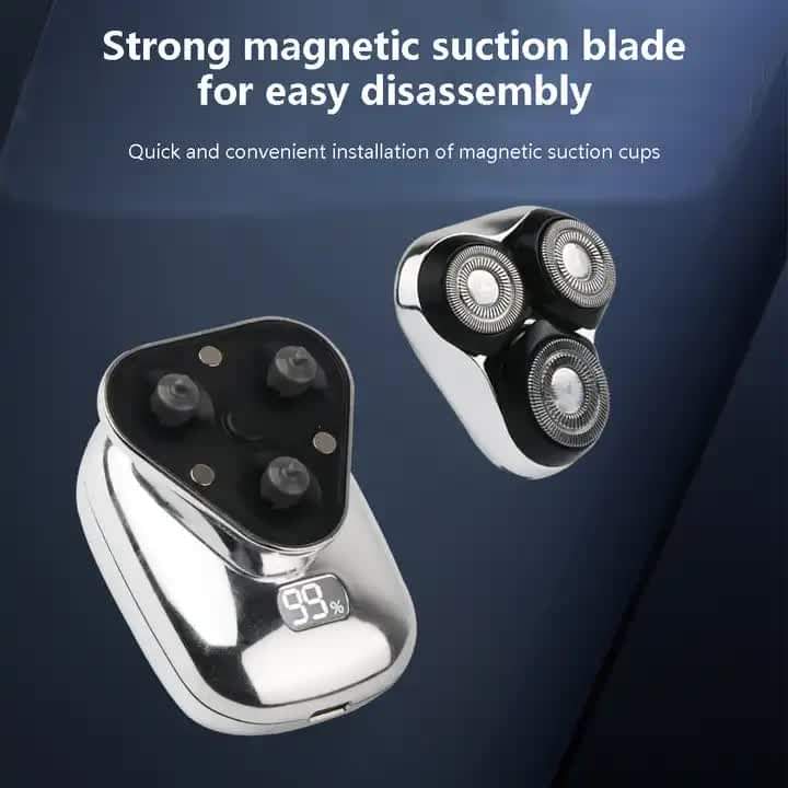 Gray rotary electric shaver with three heads and magnetic suction base