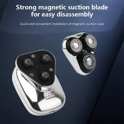 Gray rotary electric shaver with three heads and magnetic suction base