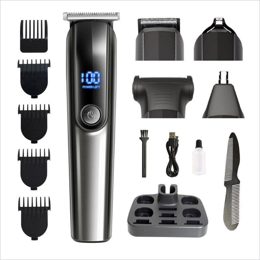 Cordless hair clipper with silver body and black display, with multiple guard attachments