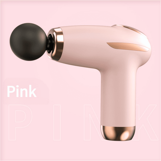 Pink mini portable fascia gun with round black massage head and gold-toned ring