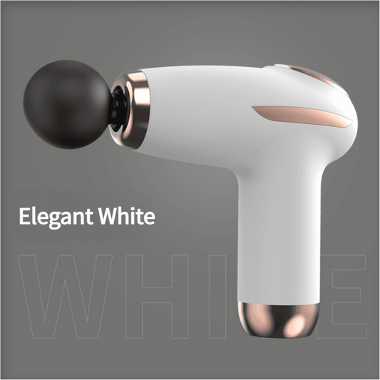 White mini fascia massage gun with black round head and rose-gold accents