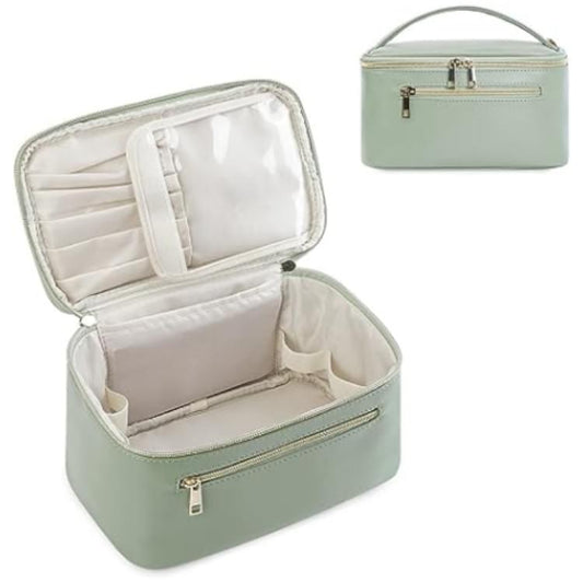 Green PU leather makeup bag open to show interior compartments and zipper pocket