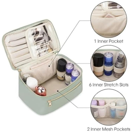 Green makeup bag interior with mesh pockets, stretch slots, and clear organizer
