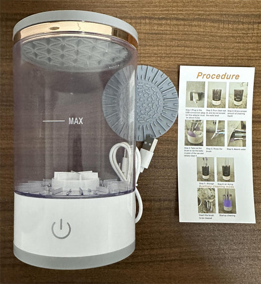 Automatic makeup brush cleaner with transparent tank and textured top brush plate