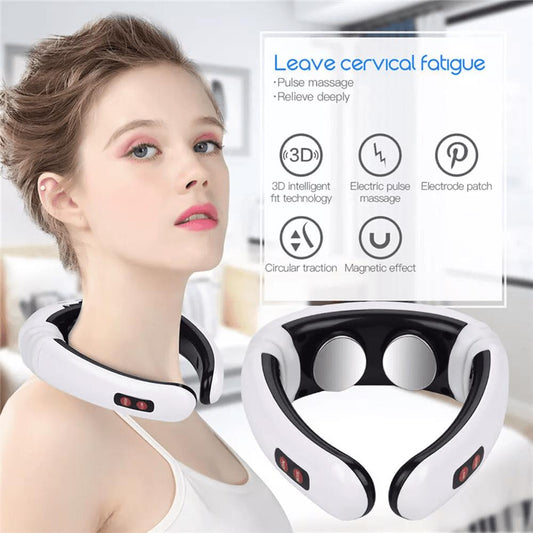 Wearable neck massager shown on person’s shoulders with circular electrode pads