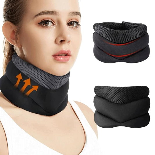 Black V-shape neck support brace with textured fabric and red trim, adjustable fit