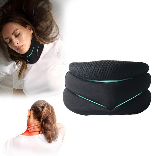 Black V-shape neck support brace with teal piping, contoured neck padding