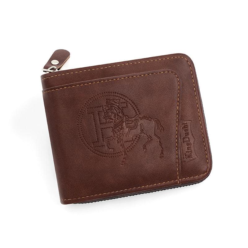 Dark brown leather zip wallet with horse embossed front and stitched edges