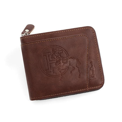 Dark brown leather zip wallet with horse embossed front and stitched edges