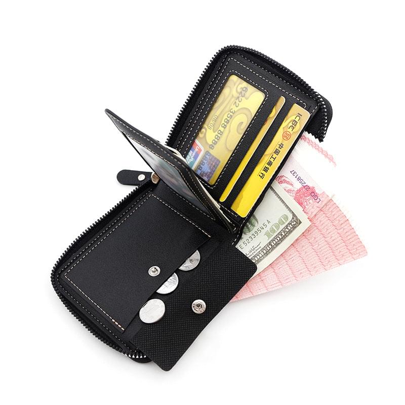 Black leather zip wallet open, holds credit cards and coins