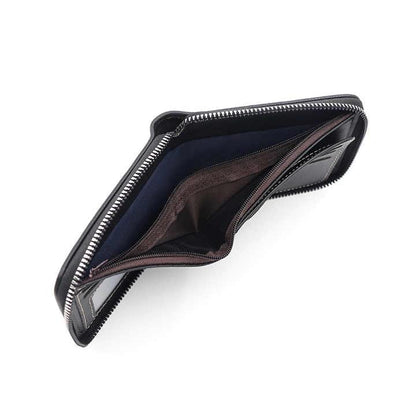 Black leather zip wallet open view with inner lining and card slots