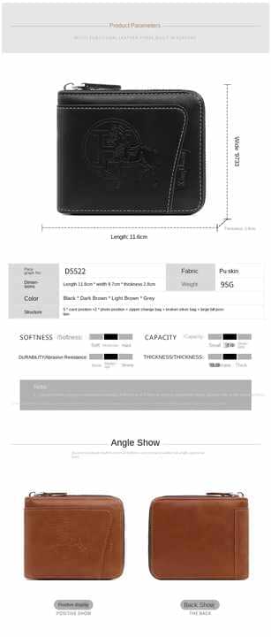 Leather zip wallet angle views, horse-embossed front in black and brown