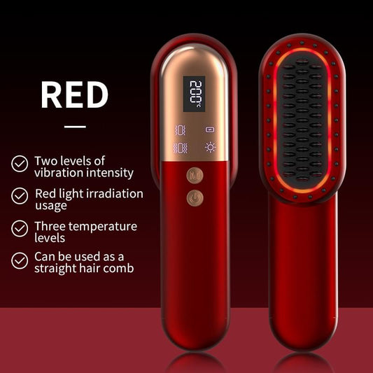 Red mini ionic hair straightening comb with oval massage head and display panel
