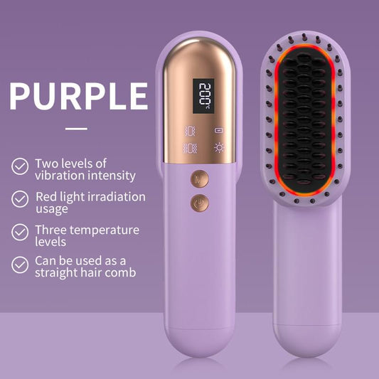 Purple mini rechargeable ionic hair straightening comb with oval comb head