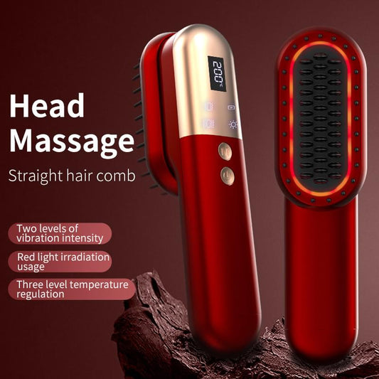 Red mini rechargeable ionic hair straightening comb with oval comb head