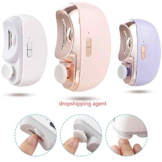 Electric nail clipper and grinder shown in white, pink, and purple side views