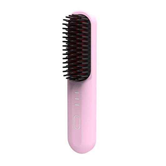Pink wireless hair straightening brush with black bristles and control button