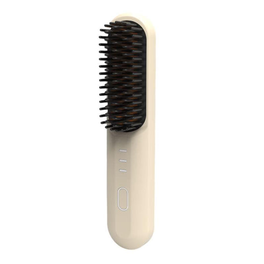 Hair straightening brush with black bristles and cream handle, power button