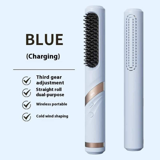 Portable cold air hair straightening brush with black bristle comb, charging base