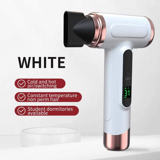 White ionic hair dryer with copper-toned nozzle and handle, showing digital screen panel.