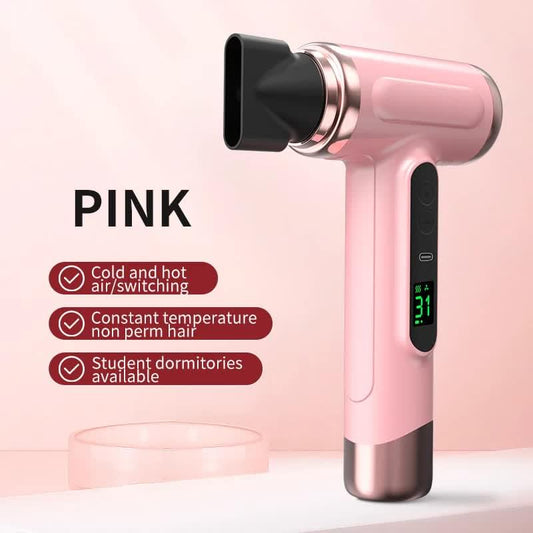 Pink handheld wireless hair dryer with cold and hot air nozzle