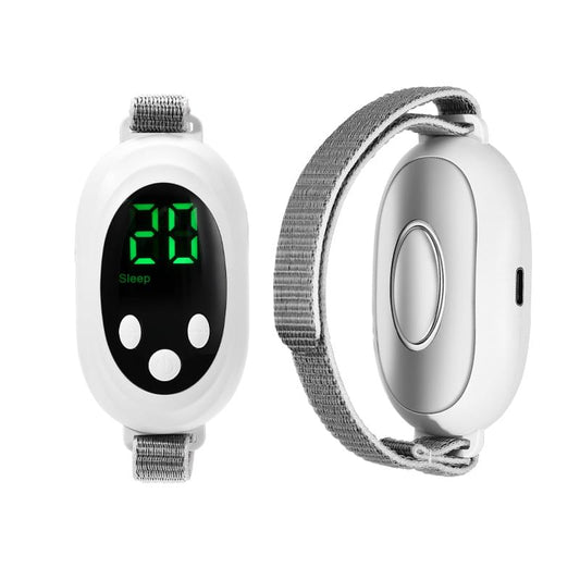 White EMS pulse relaxation wrist device with green LED display and fabric strap