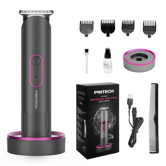 Cordless hair clipper in dark gray with pink accents and charging stand base