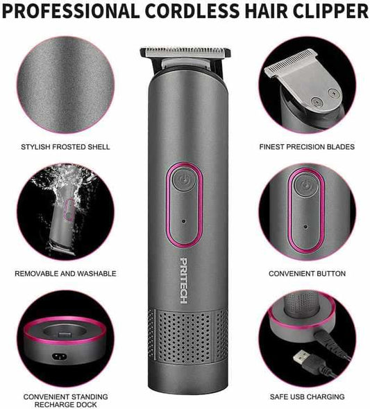 Cordless hair clipper with frosted gray body, precision comb blades, and side button