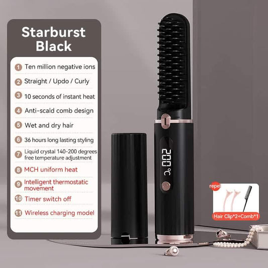 Cordless hair straightener brush in black with comb bristles and digital display.