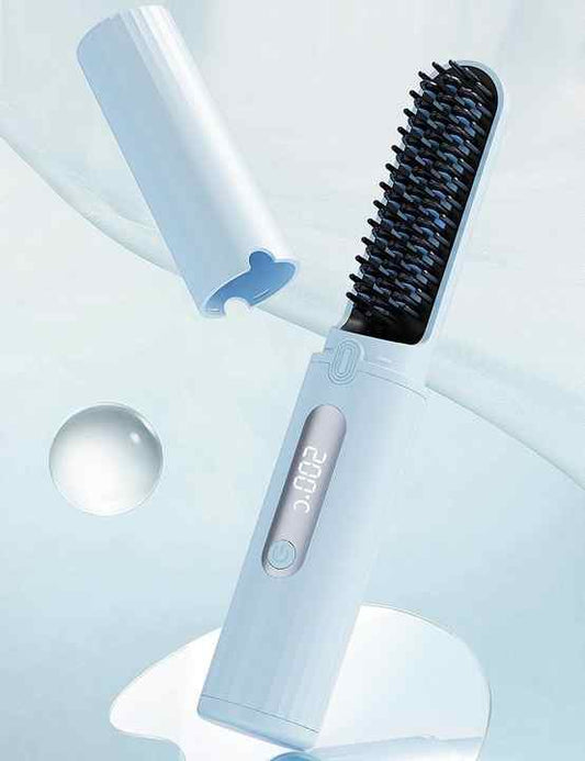 Cordless hair straightener brush with black bristles on a light blue handle.