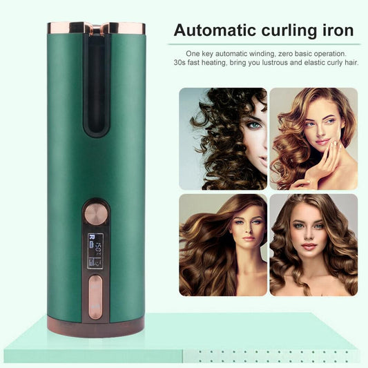 Green automatic hair curler with side display panel and barrel opening