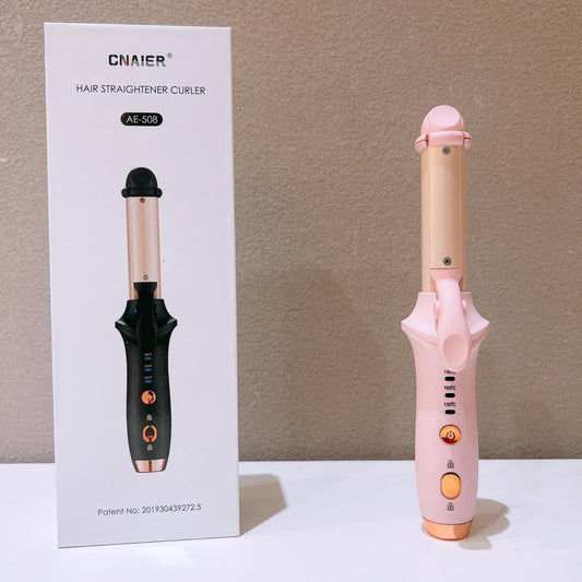 Pink mini cordless hair curler with adjustable heat buttons and USB charging port