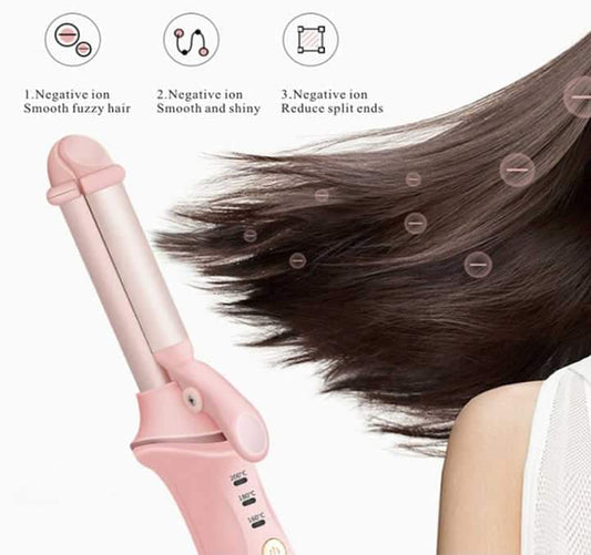 Pink mini cordless hair curler, rounded barrel with control buttons