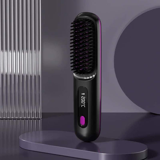 Black hair straightening brush with purple accents and heated bristles