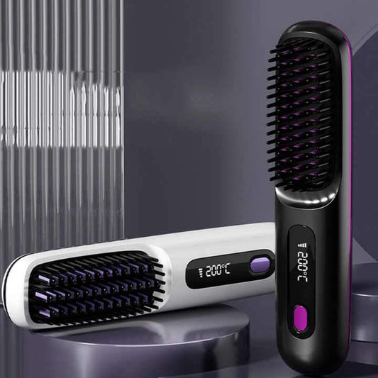 Black wireless hair straightening brush with display and purple control button