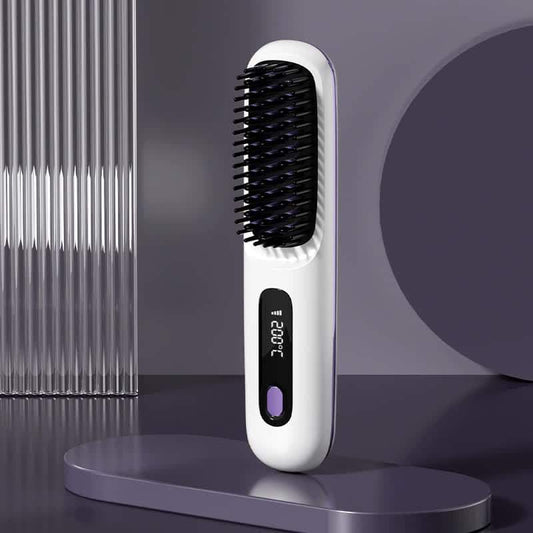 White hair straightening brush with black bristles and purple power indicator