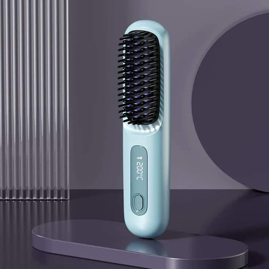 Light blue hair straightening brush with rounded barrel and black bristles
