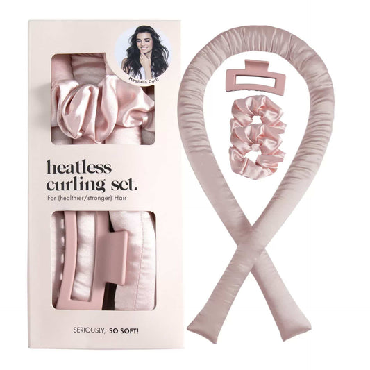 Pink heatless hair curling ribbon with scrunchie and hair clip, set contents