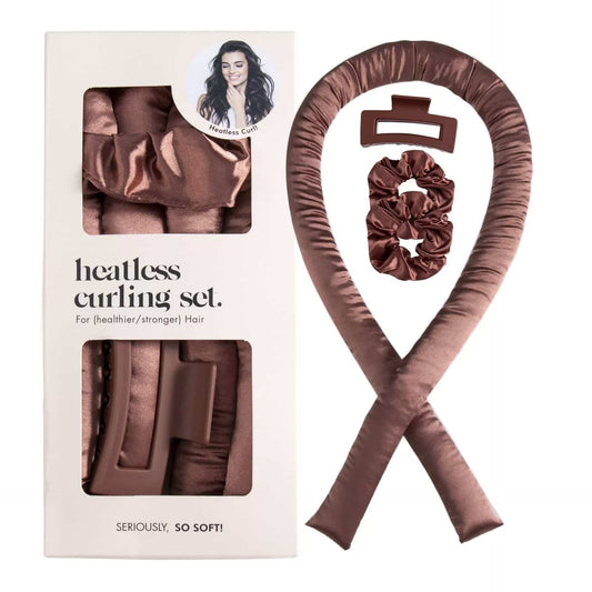 Brown heatless hair curling ribbon set with scrunchie and hair clip
