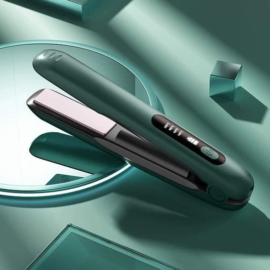 Green cordless hair straightener with rounded plates and digital temperature display
