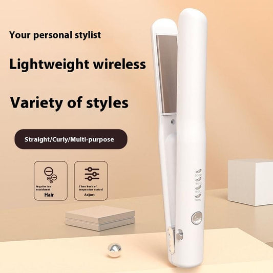 White wireless hair straightener with smooth ceramic plates and temperature control button