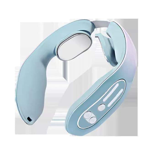 Blue neck massager with curved ring head and control panel