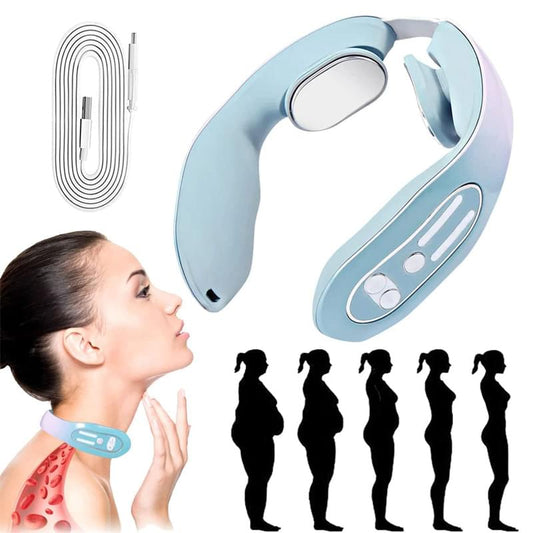 Blue neck massager with ring head and control buttons on neck