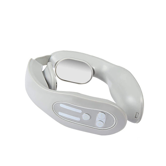 Gray neck massager with heating, oval ring design and control panel