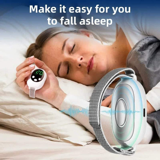 Portable sleep aid bracelet device, white with gray strap and green digital 20 display