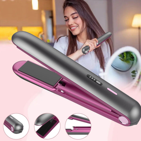 Hair straightener and curler with black barrel and magenta plates, sleek handle design