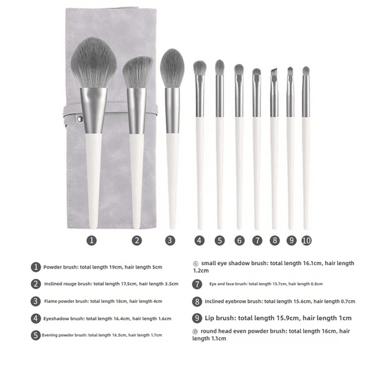 Makeup brush set with cosmetic bag, silver ferrules, assorted brush heads, beige handles